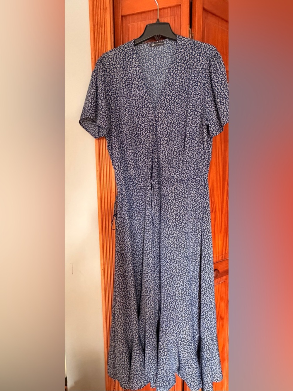 Blue Floral Midi Wrap Dress with Tie Waist